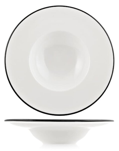 Set 6 piatti pasta Linea in porcellana avorio con bordo nero cm 28