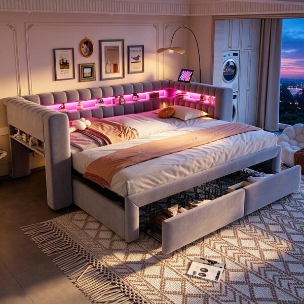 Divano letto imbottito 90x190 cm, trasformabile in letto 180x190 cm, con 2 cassetti, vani contenitori integrati, illuminazione LED, porte USB e di tipo C, rivestito in velluto color grigio chiaro
