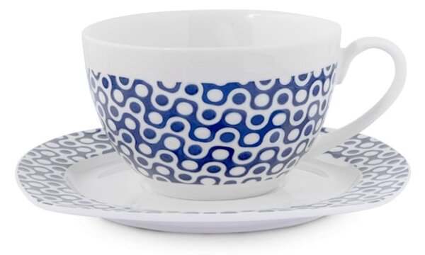 Set 6 tazze tè con piattino quadro Fuji in new bone china decoro blu cc 220