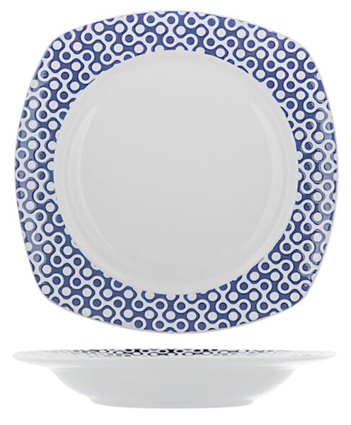 Set 6 piatti fondi quadri Fuji in new bone china decoro blu cm 21,5