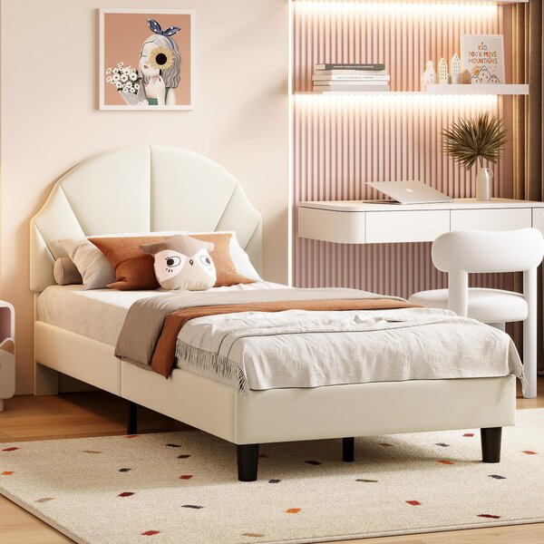 Letto per bambini 90x190 cm, letto imbottito per bambine con testiera a forma di conchiglia, regolabile in altezza, rete a doghe, tessuto velluto color beige, letto per adolescenti senza materasso