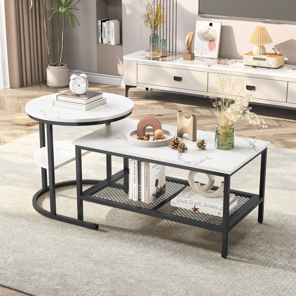 Fortuna Lai set di 2 tavolini, tavolino in marmo con struttura in metallo e ripiano, tavolino da salotto tavolino da divano per soggiorno, camera da letto (bianco + nero)