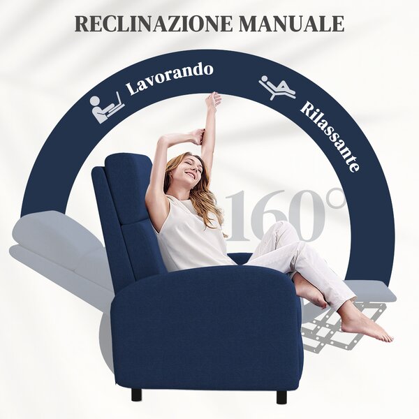 HOMCOM Poltrona Relax Reclinabile Manualmente a 160° con Poggiapiedi in Tessuto, Blu | Aosom Italy