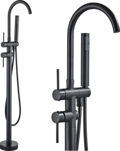 Miscelatore da bagno freestanding ARI, rubinetto vasca nero opaco con doccetta, beccuccio girevole a 360 gradi, cartuccia Vetroceramica