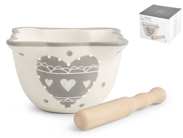 Mortaio Cuore Grigio in ceramica con pestello in legno