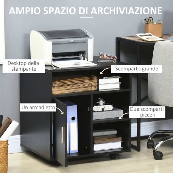 HOMCOM Mobile Porta Stampante con Ruote a Freno, Mobiletto per Stampante con Armadietto Anta Soft Close, 3 Scomparti Aperti, Ripiano Regolabile, Multiuso per Ufficio Studio, 60x50x65.5 cm, Nero | Aosom Italy