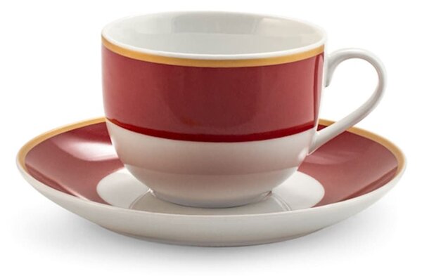Set 6 tazze tè con piattino Rubino in porcellana fascia rossa bordo oro cc 220