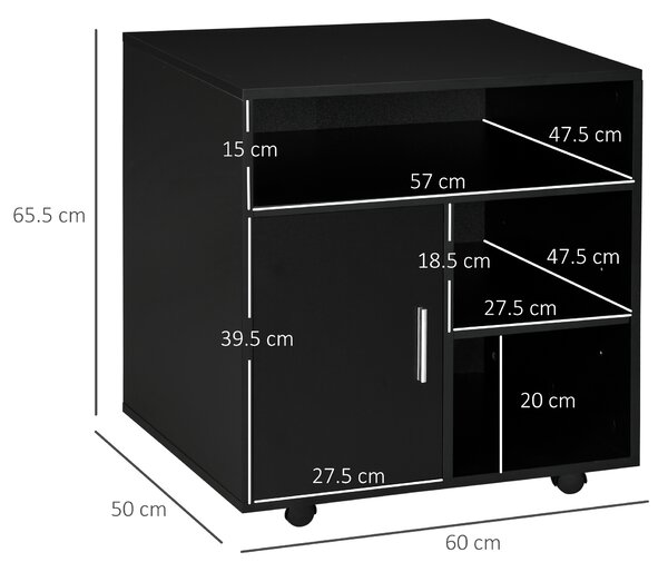 HOMCOM Mobile Porta Stampante con Ruote a Freno, Mobiletto per Stampante con Armadietto Anta Soft Close, 3 Scomparti Aperti, Ripiano Regolabile, Multiuso per Ufficio Studio, 60x50x65.5 cm, Nero | Aosom Italy