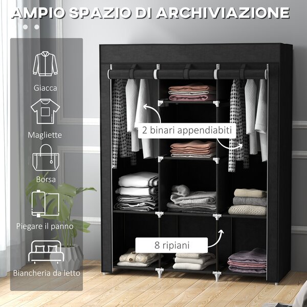 HOMCOM Guardaroba in Tessuto con Base Rialzata, 8 Ripiani e 2 Barre, Armadio Guardaroba Salvaspazio in Tessuto non Tessuto, PP e Acciaio, per Camera da Letto, 125x43x162.5 cm, Nero | Aosom Italy
