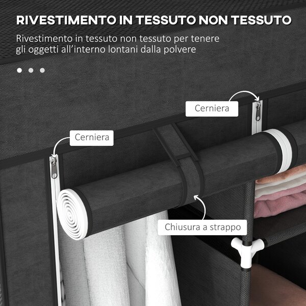 HOMCOM Guardaroba in Tessuto con Base Rialzata, 8 Ripiani e 2 Barre, Armadio Guardaroba Salvaspazio in Tessuto non Tessuto, PP e Acciaio, per Camera da Letto, 125x43x162.5 cm, Nero | Aosom Italy