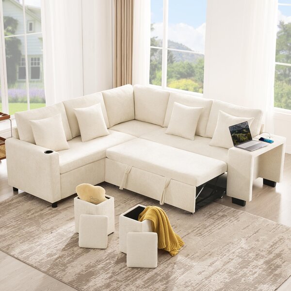 Divano angolare modulare, con connessioni USB e USB-C, divano lounge, divano letto con spazio contenitore e portabicchieri, divano per il soggiorno con cuscini e braccioli ampi, color beige