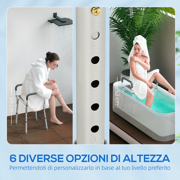 HOMCOM Sgabello per Doccia Regolabile su 6 livelli con Braccioli e Fori di Drenaggio in Alluminio per bagno, 52x45x57-69cm, Grigio | Aosom Italy