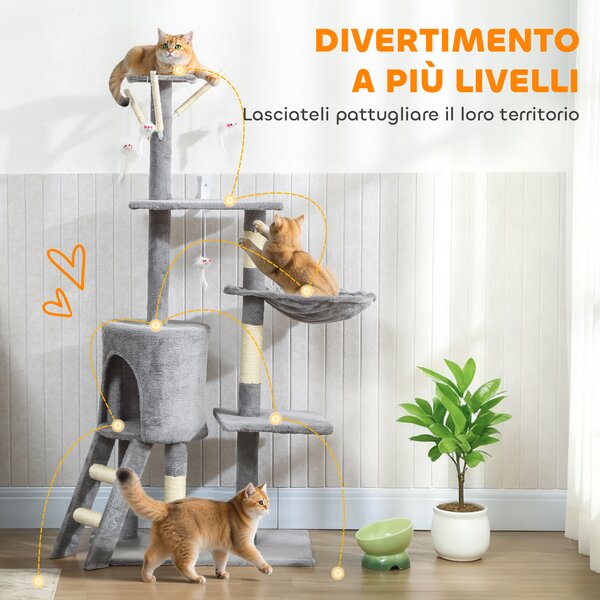PawHut Tiragraffi per Gatti Alto 134 cm, Albero per Gatti Multilivello con 3 Pali Graffiatoi in Sisal, Grotta, Amaca, 4 Topolini Appesi, Piattaforme, Scala, Torre per Gattini 5 kg, in Peluche, Grigio | Aosom Italy