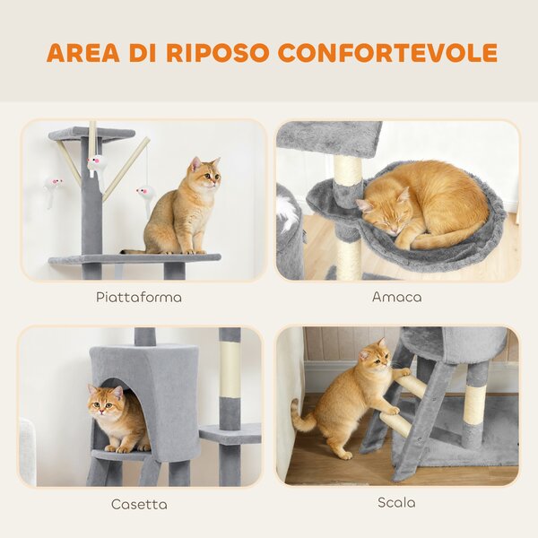 PawHut Tiragraffi per Gatti Alto 134 cm, Albero per Gatti Multilivello con 3 Pali Graffiatoi in Sisal, Grotta, Amaca, 4 Topolini Appesi, Piattaforme, Scala, Torre per Gattini 5 kg, in Peluche, Grigio | Aosom Italy