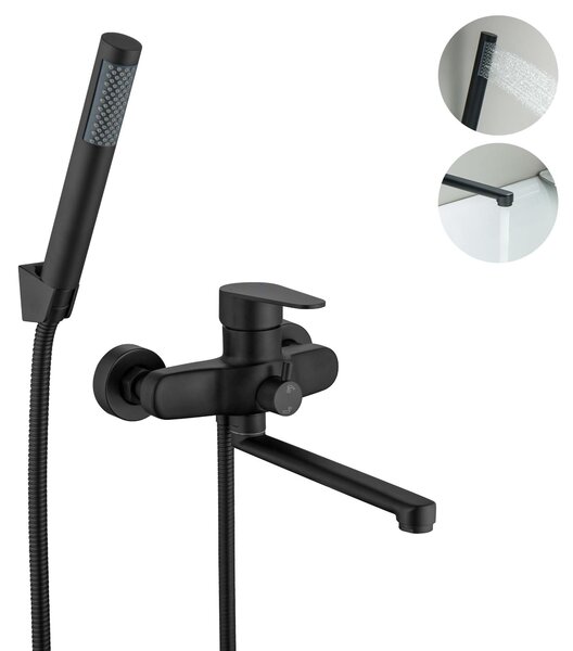 Rubinetto per vasca da bagno nero, da montare a parete, con doccetta manuale, girevole a 360°