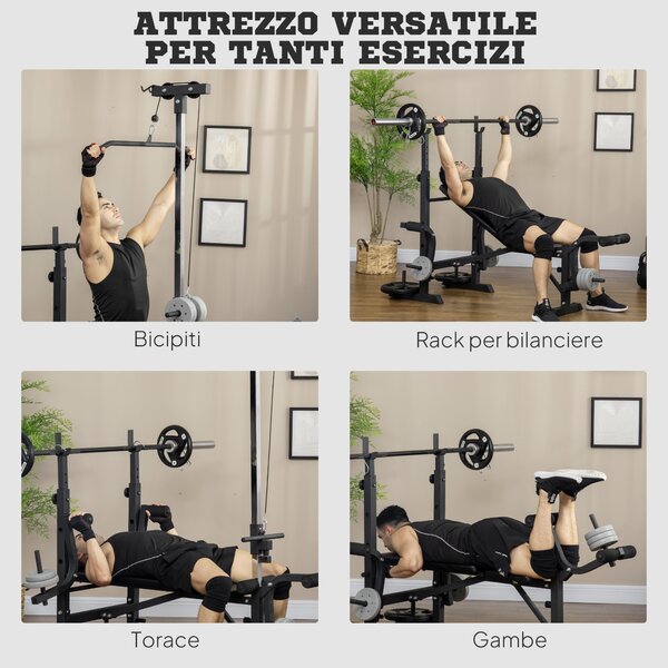 HOMCOM Panca Fitness con Leg Press, Squat Rack e Leg Extension, in Acciaio e PU, 180x134x200 cm, Nero e Argento | Aosom Italy