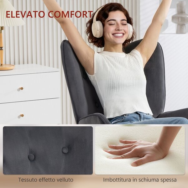 HOMCOM Poltroncina da Salotto Girevole con Braccioli in Velluto, con Dondolo e Altezza Regolabile, Grigio Scuro | Aosom Italy