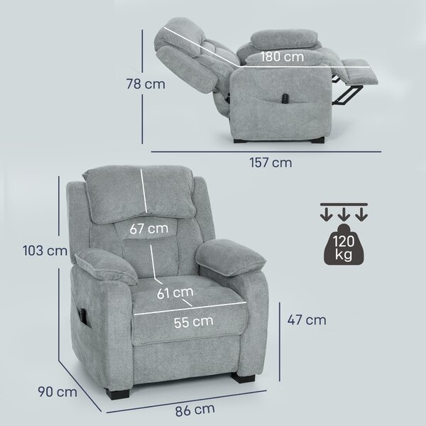 HOMCOM Poltrona Reclinabile 150° con Poggiapiedi, Telecomando e Tasca Laterale, imbottita e Velluto Effetto , 86x90x103 cm, Grigio | Aosom Italy