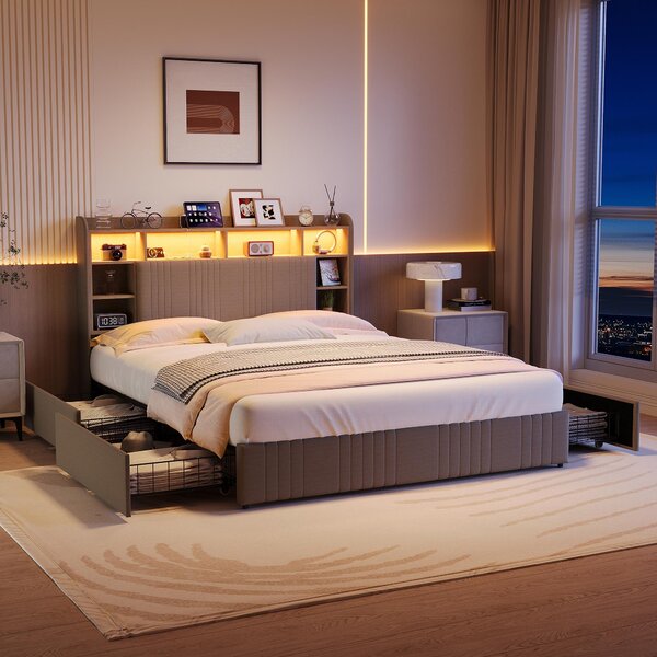 Letto imbottito 140x200 cm con 4 cassetti, testiera contenitore, illuminazione LED, rete a listelli, rivestito in lino color beige, letto a una piazza e mezza/doppio senza materasso