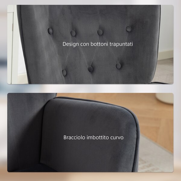 HOMCOM Poltroncina da Salotto Girevole con Braccioli in Velluto, con Dondolo e Altezza Regolabile, Grigio Scuro | Aosom Italy