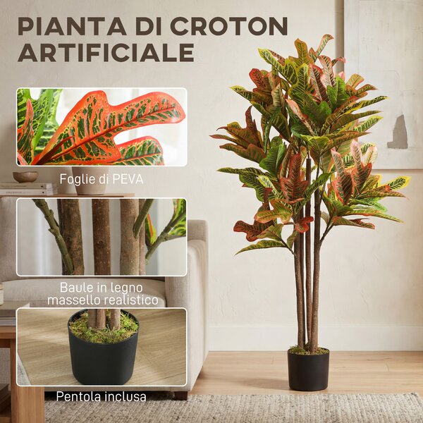 HOMCOM Pianta Artificiale di Croton Multicolore in PEVA e Legno con Vaso Contenitore in PP e Cemento, 55x55x120 cm | Aosom Italy