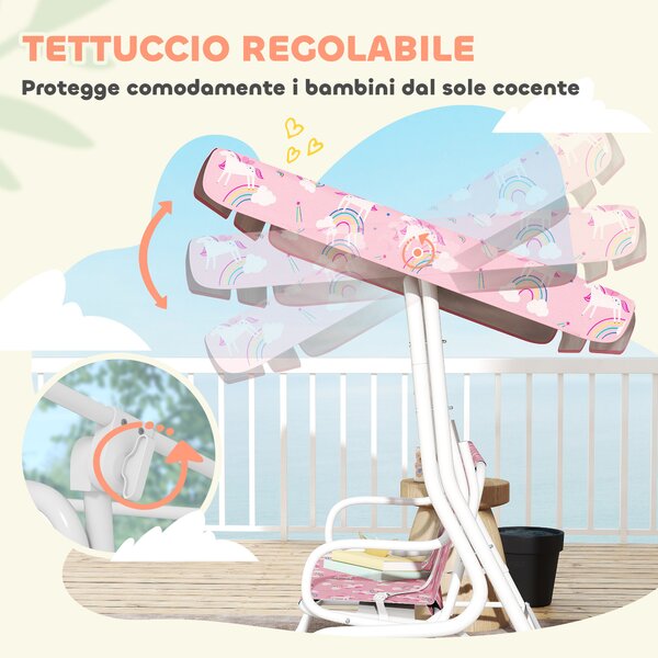 AIYAPLAY Dondolo per Bambini a 2 Posti con Tettuccio e Cinture, in Acciaio e Tessuto Oxford, 112x75x120 cm, Rosa | Aosom Italy