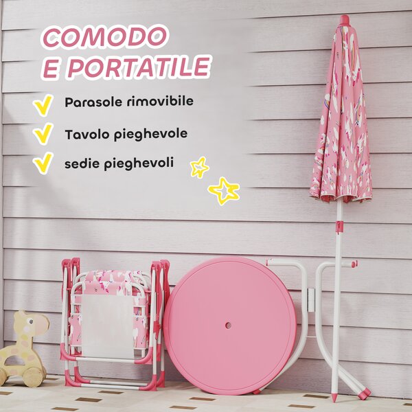 AIYAPLAY Set da Giardino per Bambini a Tema Giungla con 2 Sedie Pieghevoli, Ombrellone e Tavolino Rotondo, Rosa | Aosom Italy