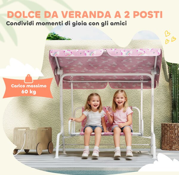 AIYAPLAY Dondolo per Bambini a 2 Posti con Tettuccio e Cinture, in Acciaio e Tessuto Oxford, 112x75x120 cm, Rosa | Aosom Italy