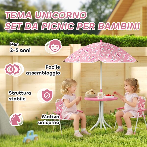 AIYAPLAY Set da Giardino per Bambini a Tema Giungla con 2 Sedie Pieghevoli, Ombrellone e Tavolino Rotondo, Rosa | Aosom Italy