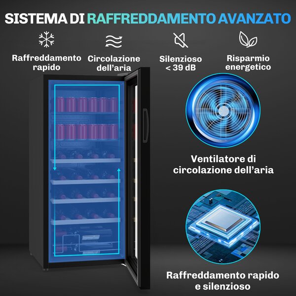 HOMCOM Cantinetta Frigo per Vino da 92L con Ripiani Regolabili per 20 Bottiglie e 50 Lattine, 43x45x94 cm, Nero | Aosom Italy