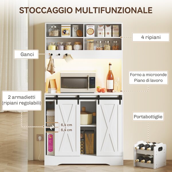 HOMCOM Credenza Cucina con Prese Elettriche, Luce LED, Portabottiglie e Ante Scorrevoli, 100x38x180 cm, Bianco | Aosom Italy