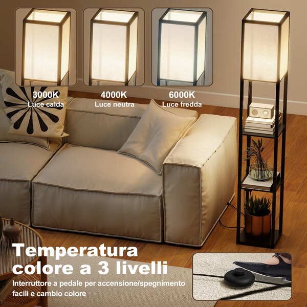 HOMCOM Lampada da Terra con Ripiani, Luce Regolabile, Interruttore a Pedale e Porte USB, Nero | Aosom Italy