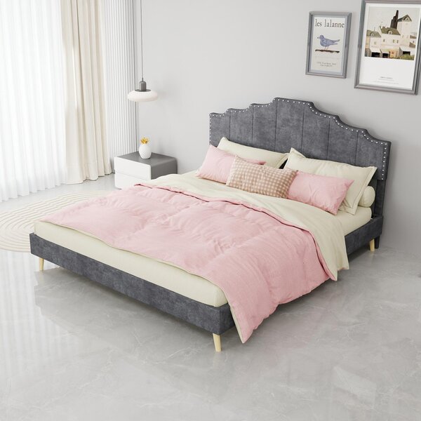 Letto imbottito 160x200 cm, color grigio, con rivestimento in tessuto, testiera imbottita e decorazioni con chiodini, ideale per la camera da letto