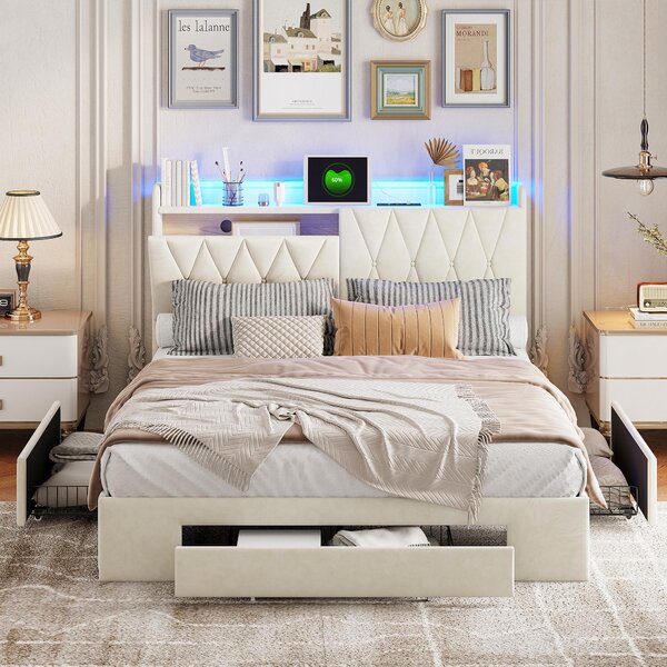 Letto imbottito Fortuna Lai 140x190 con contenitore, letto matrimoniale con USB e LED, letto per ragazzi con 3 cassetti, struttura letto funzionale con rete a doghe, velluto, beige