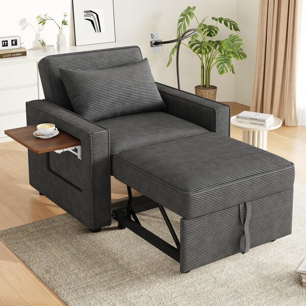 Divano letto pieghevole multifunzionale Fortuna Lai, con porta USB e supporto per cellulare, poltrona relax trasformabile in divano a 1 posto, salvaspazio, ideale per soggiorno e camera da letto, tessuto in corda, colore grigio