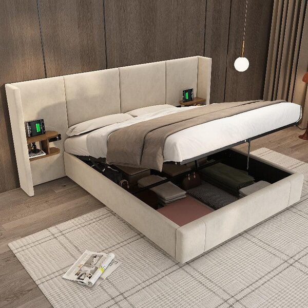 Letto imbottito 160x200 cm, color beige, in velluto, con spazio contenitore a sollevamento idraulico, porta USB, prese di corrente e 2 comodini, ideale per la camera da letto