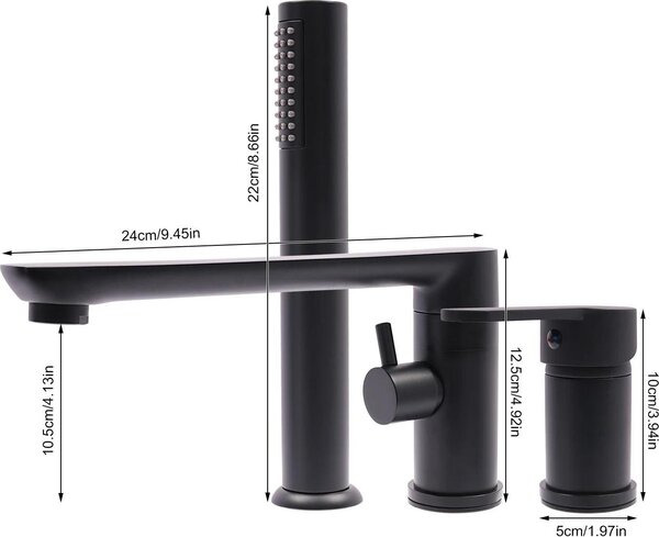 Rubinetteria per vasca da bagno - Miscelatore con doccetta - Rame - Bocca orientabile a 360° - Tubo flessibile 60–80 cm - Nero