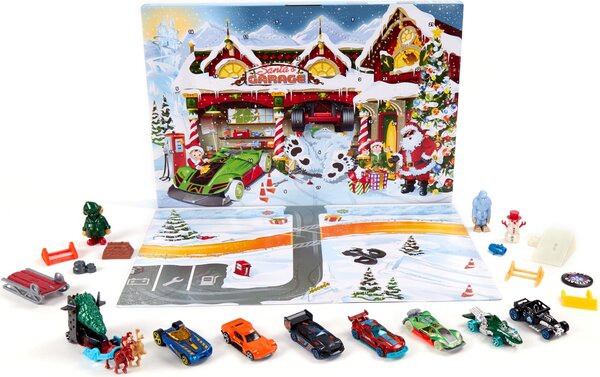 Calendario dell'Avvento Hot Wheels con sorprese per 24 giorni, veicoli e accessori