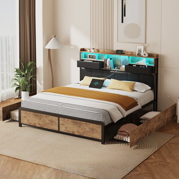 Letto matrimoniale Fortuna Lai 140x200 cm, letto in metallo con rete a doghe, LED e mensola, letto contenitore, nero
