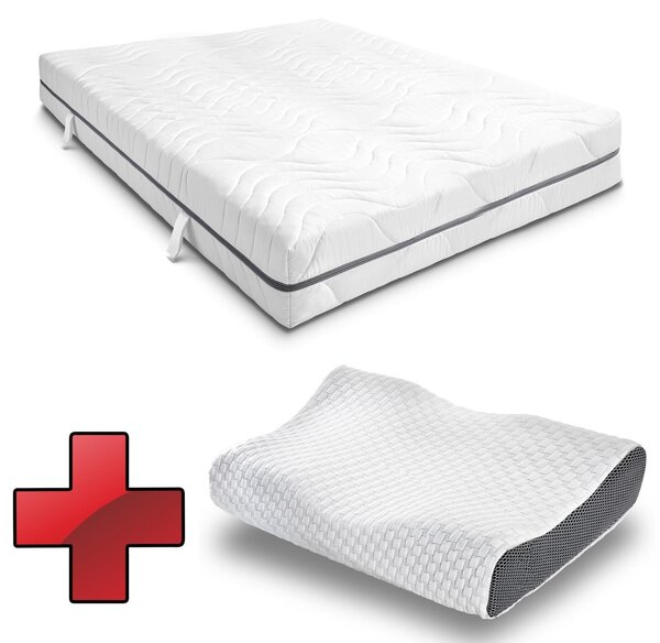 Materasso viscoelastico a 7 zone Sleezzz Smart 120 x 200 cm, altezza 18 cm, livello di rigidità H3 con schiuma a memoria d'aria + cuscino ortopedico Sleezzz Premium con effetto gel per il collo 32 x 60 cm