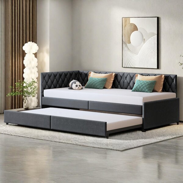 Fortuna Lai divano letto 90x200 cm, letto allungabile per ragazzi e letto imbottito, multifunzionale, a L, grigio
