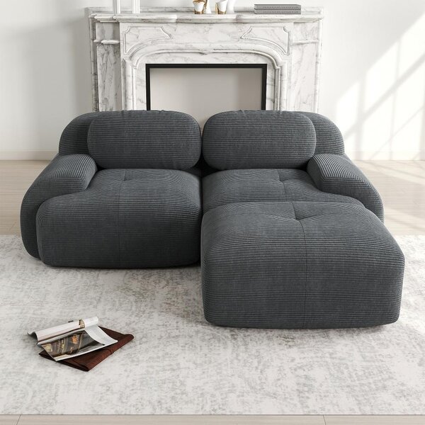 Divano angolare modulare grigio, rivestito in morbido tessuto corduroy, divano senza struttura, facile da assemblare, con braccioli curvi e imbottitura in schiuma 32D, dimensioni 208x178x70 cm