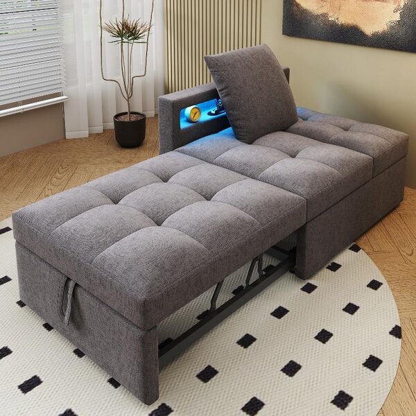 Divano letto 3-in-1, dimensioni 177x68x65 cm, divano letto in lino con schienale regolabile in 5 posizioni, dotato di luci LED e porte USB/Tipo-C, divano letto compatto