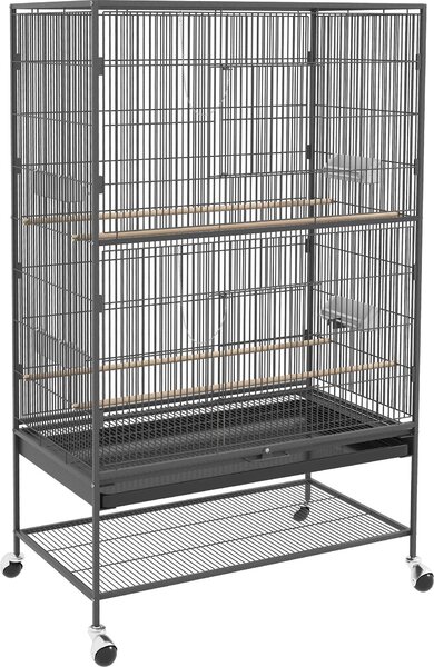 Fortuna Lai Gabbia per uccelli Voliera con posatoi e ripiano, 94 x 57 x 153 cm, grigia, con porte e rotelle per uccelli