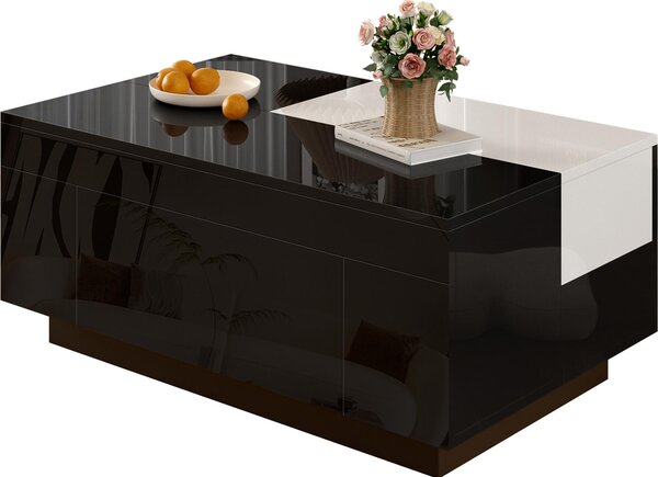Tavolino Fortuna Lai con illuminazione a LED, piano estraibile bianco e nero, vano portaoggetti nascosto e striscia luminosa regolabile in 16 colori: la scelta ideale per un soggiorno elegante