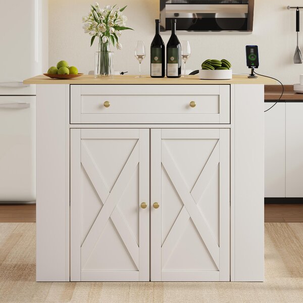 Isola da cucina 120x75x97 cm in MDF bianco, con piano di lavoro ribaltabile e prese di corrente, adatta per la cucina, la sala da pranzo e il soggiorno