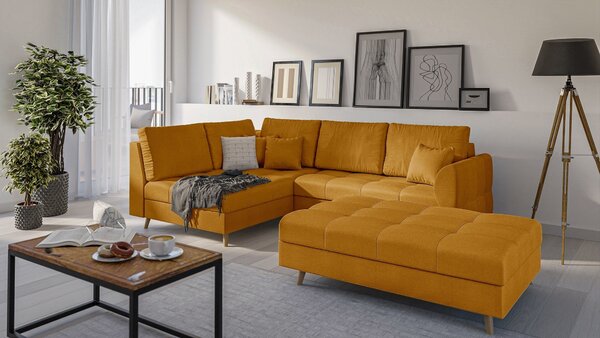 S-STYLE MÖBEL - Divano ad angolo e pouf con gambe in legno in stile scandinavo Marco in microfibra gialla - Pouf a sinistra - L/P/A: 231 cm/161 cm/81 cm