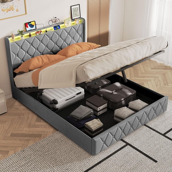 Letto imbottito 160x200 cm con contenitore, luci LED RGB, porta USB-C, sistema di sollevamento idraulico, spazio contenitivo, testiera imbottita, letto matrimoniale grigio