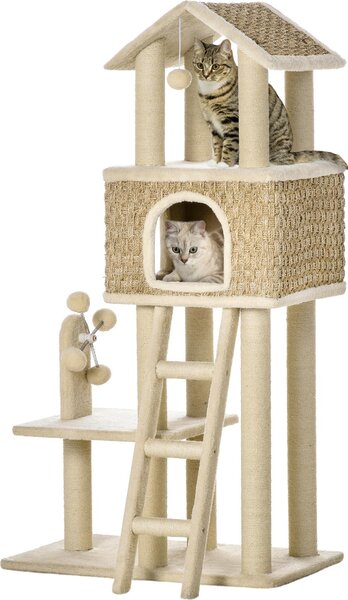 Fortuna Lai Tiragraffi Grande tiragraffi per gatti 130 cm, con cuccia e palline, tronchi in juta, kaki+beige, truciolato di legno, peluche