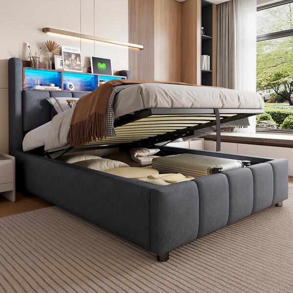 Letto imbottito Fortuna Lai 90*200 cm con illuminazione a LED e porta USB, testiera con ripiani e vano contenitore, con vano contenitore idraulico, letto singolo per bambini, grigio lino
